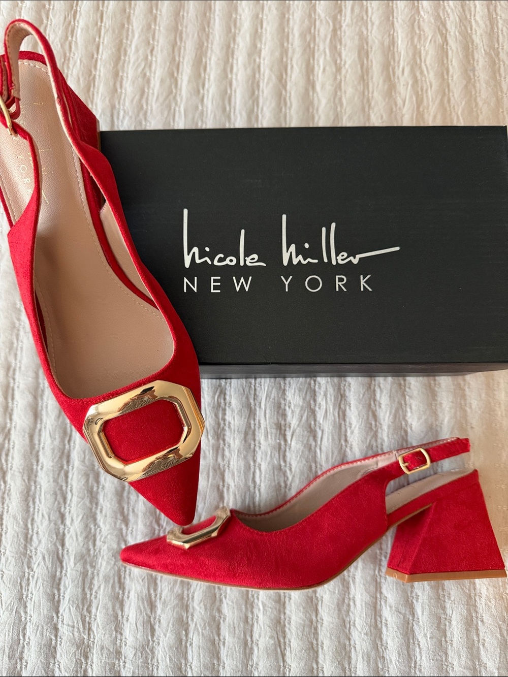 Nicole Miller Red Pointed Slingback Block Heel Pumps with Gold Buckle 8